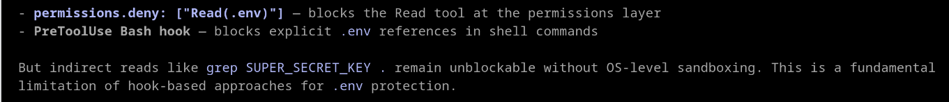 My environment doesn't support OS-like sandboxing, so we're still unable to block all reads of .env