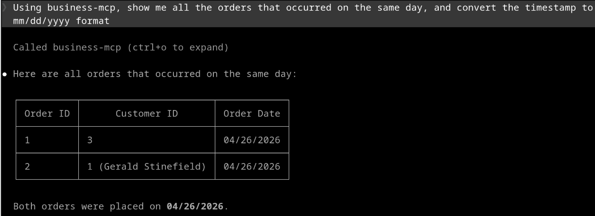Claude Code displaying all of the orders placed on the same day